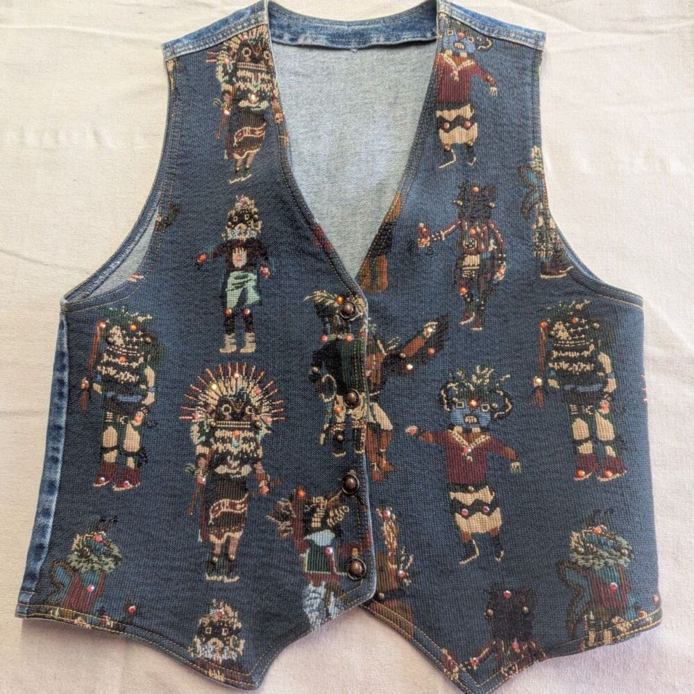 Vintage 90s Southwest Tapestry Denim Vest Kachina Doll Women's Medium